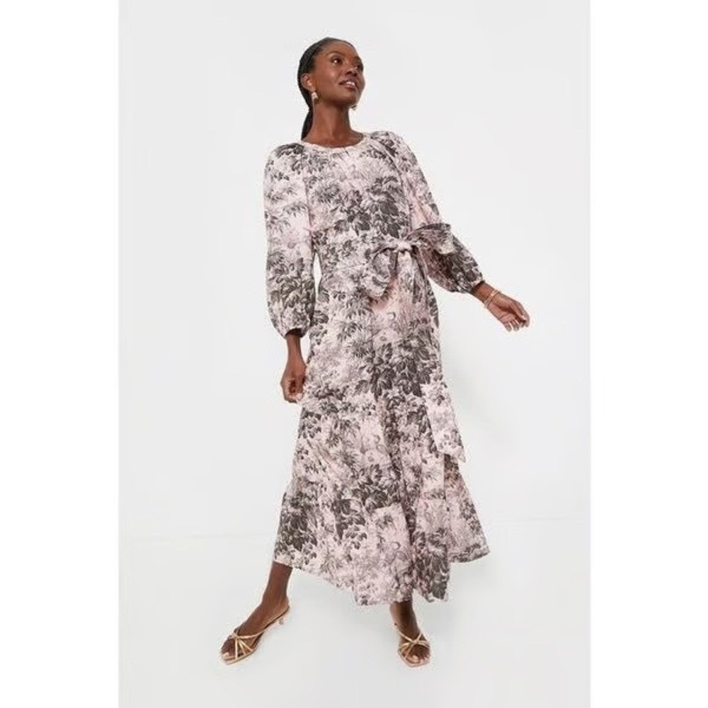 Tuckernuck Pressed Powder Toile Lyles Dress Pink Gray Puff Sleeve Tiered NWT M - Picture 2 of 10